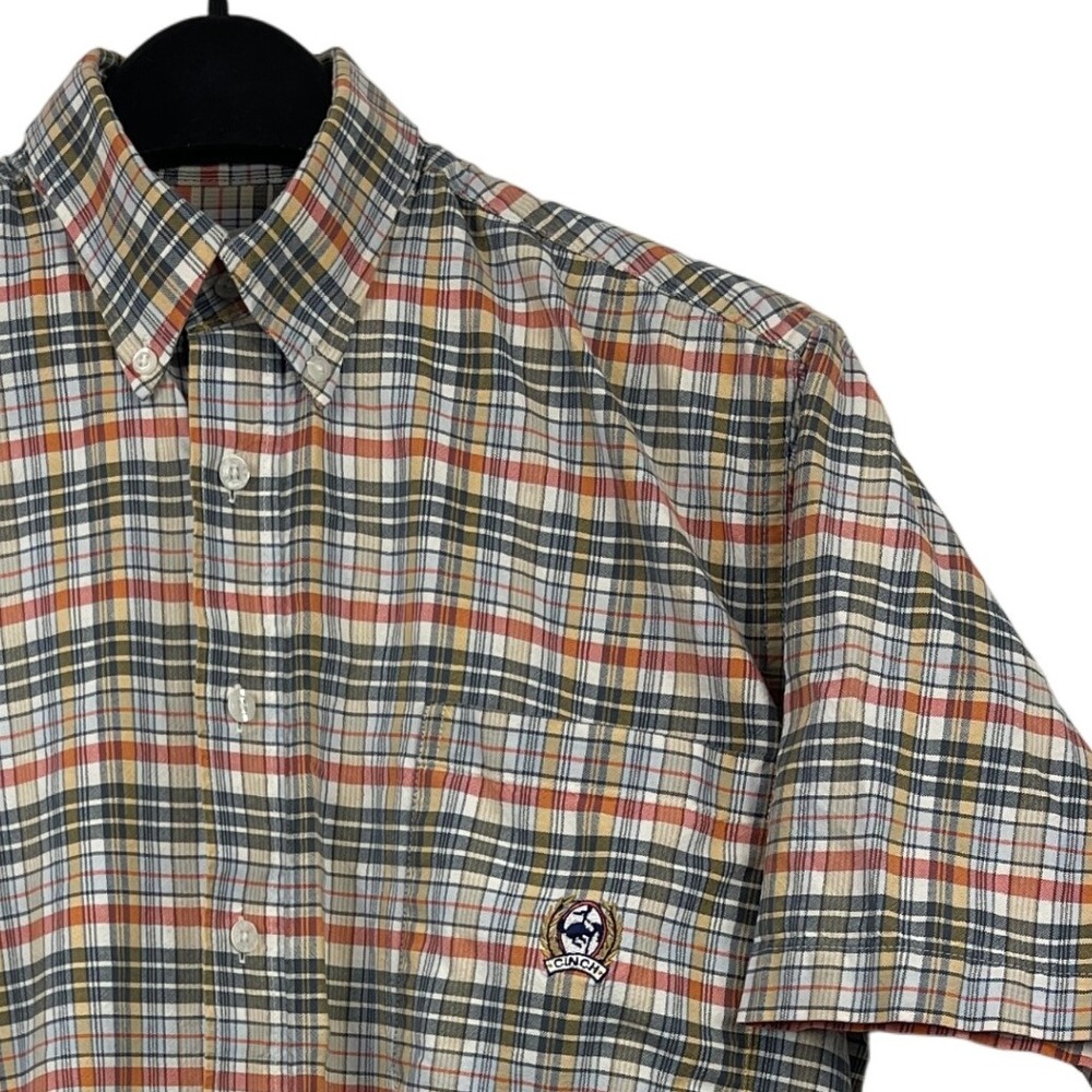CINCH Plaid Short Sleeve Button Down Shirt Mens S 100% Cotton Orange Blue